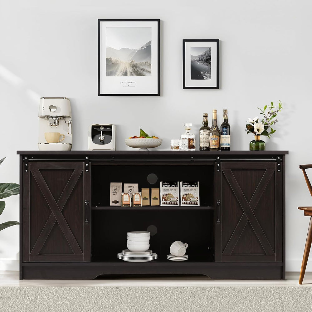 Farmhouse Coffee Bar Cabinet with Sliding Doors & Adjustable Shelves