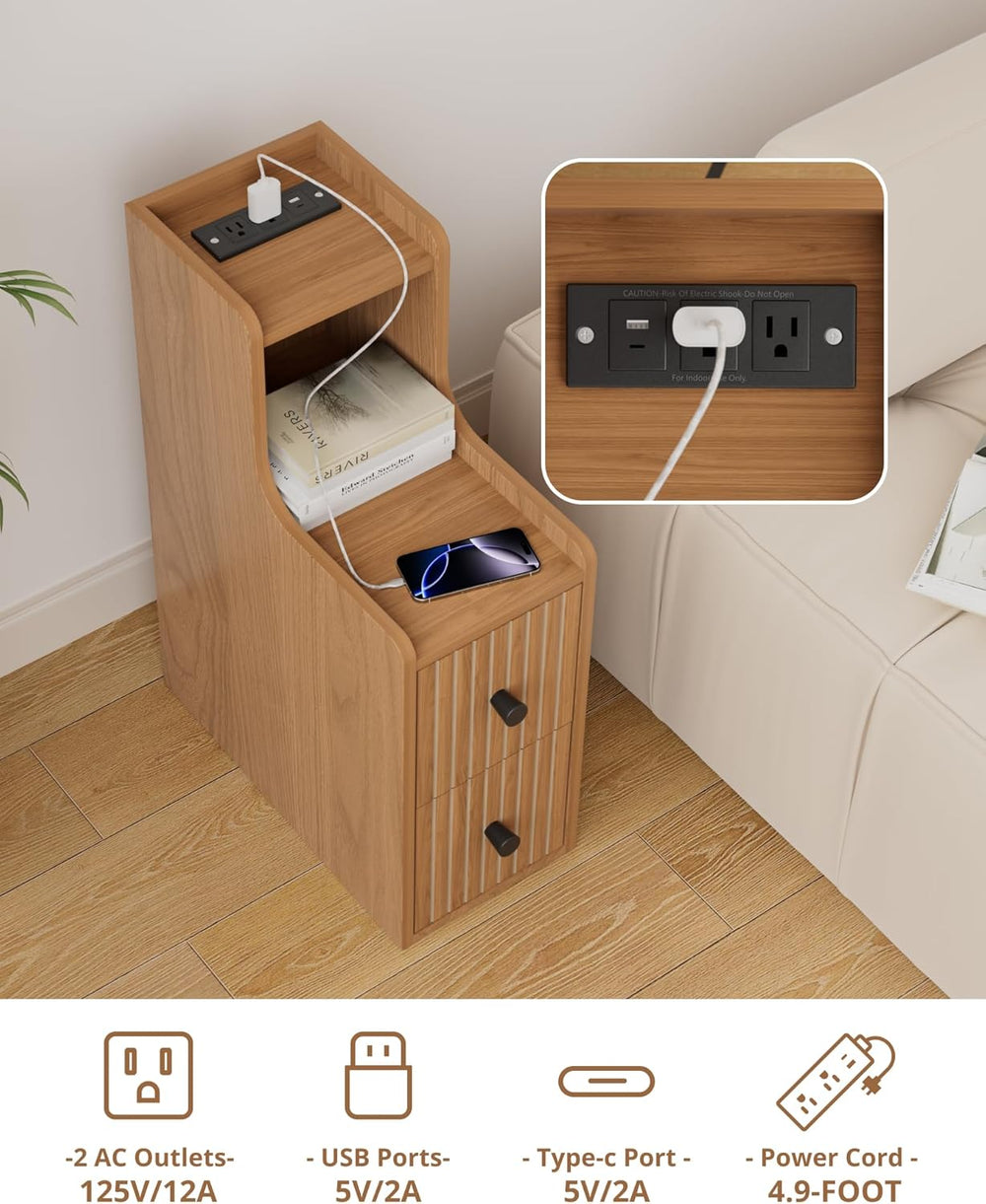 Set of 2 Narrow Side Table with Charging Station, Wooden Slim End Table with ...