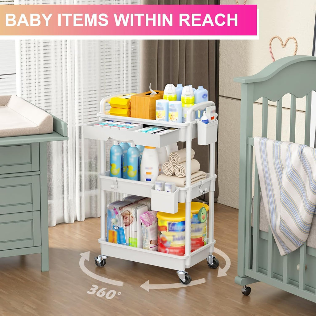 Goovilla 3 Tier Rolling Utility Cart Organizer with Removable Drawer, Stable and Sturdy White Rolling Storage Carts with 2 Lockable Wheels for Bathroom, Kitchen, Snack, Craft, Makeup, Baby Essentials