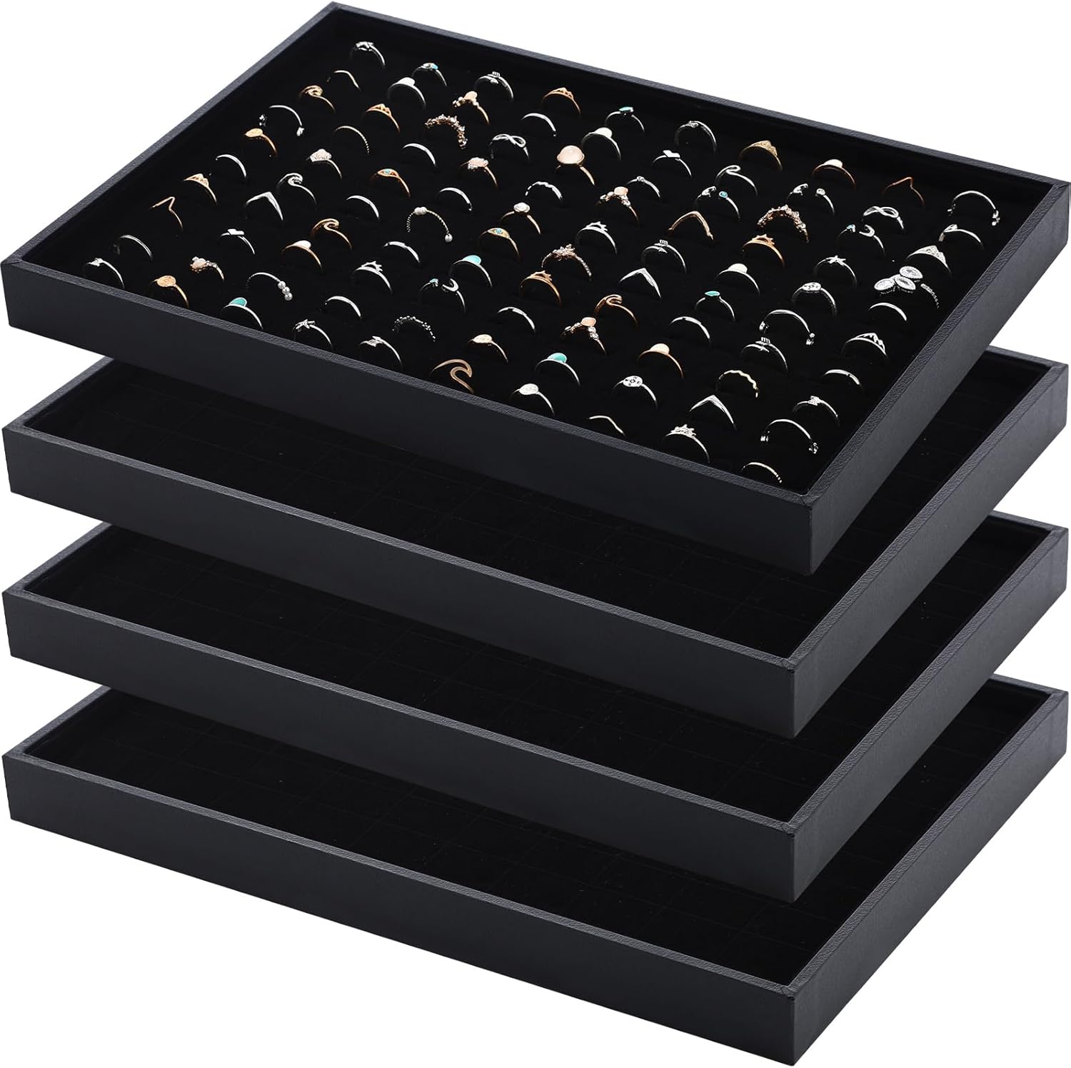 Wenqik 4 Pcs Cardboard Ring Holder with Velvet Lining, 100 Slot Inserts Stackable Ring Display Tray,13.8 x 9.4 x 1.2 inch(Black)