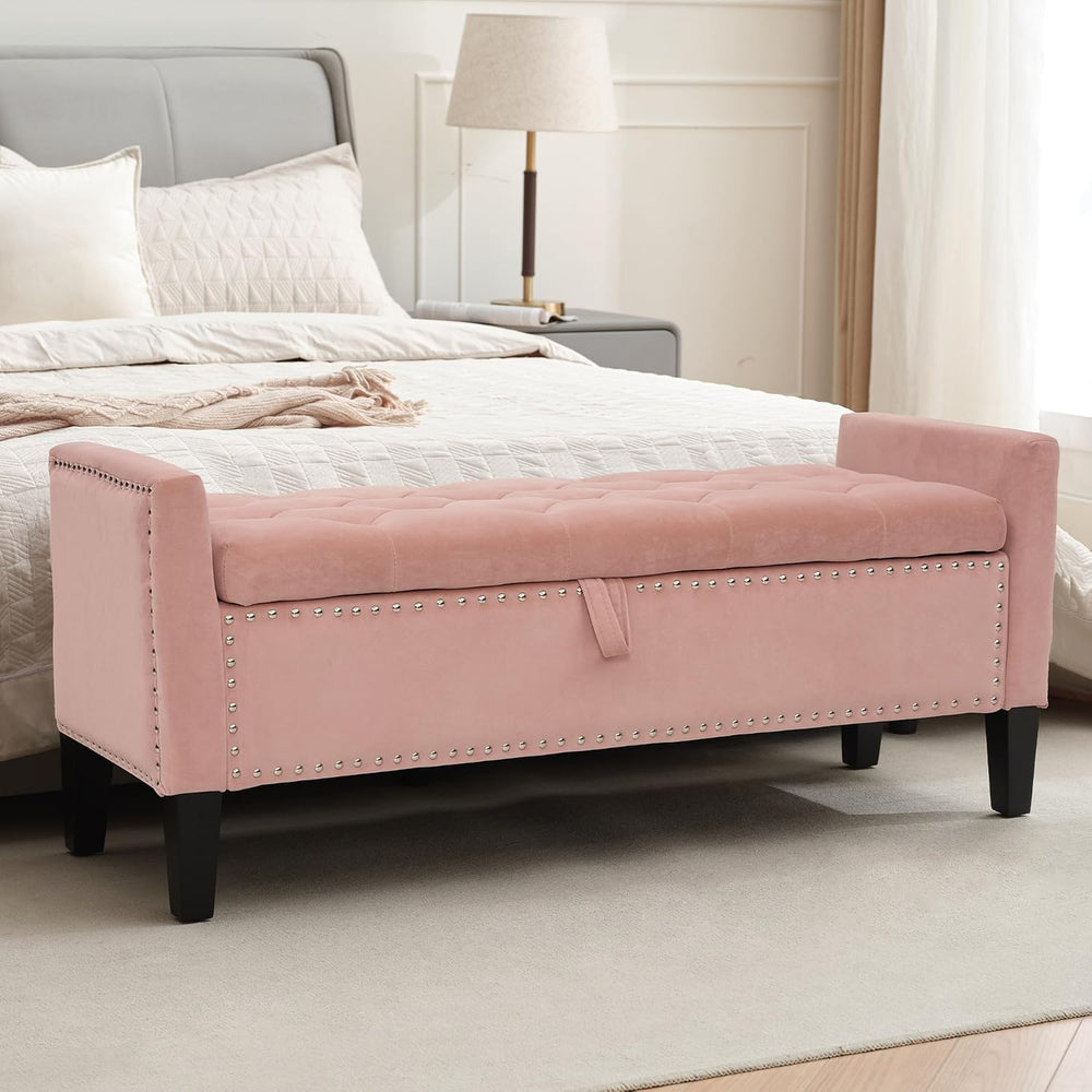 Velvet Ottoman with Storage, 46'' Upholstered Button Tufted End of Be...