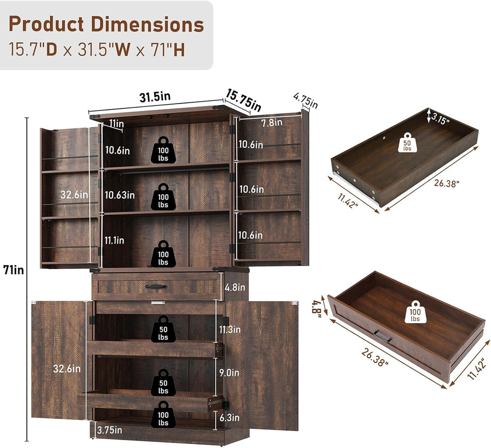 71" Tall Kitchen Pantry Cabinet with 3 Drawers,Farmhouse Storage Cabinet...