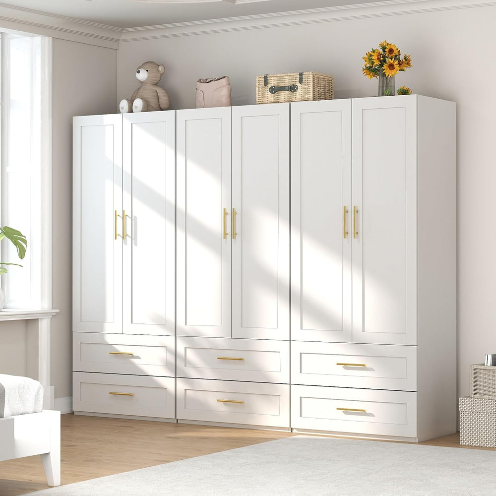 White Wardrobe with 6 Doors and 6 Drawers, 75" Tall x 95" Wide