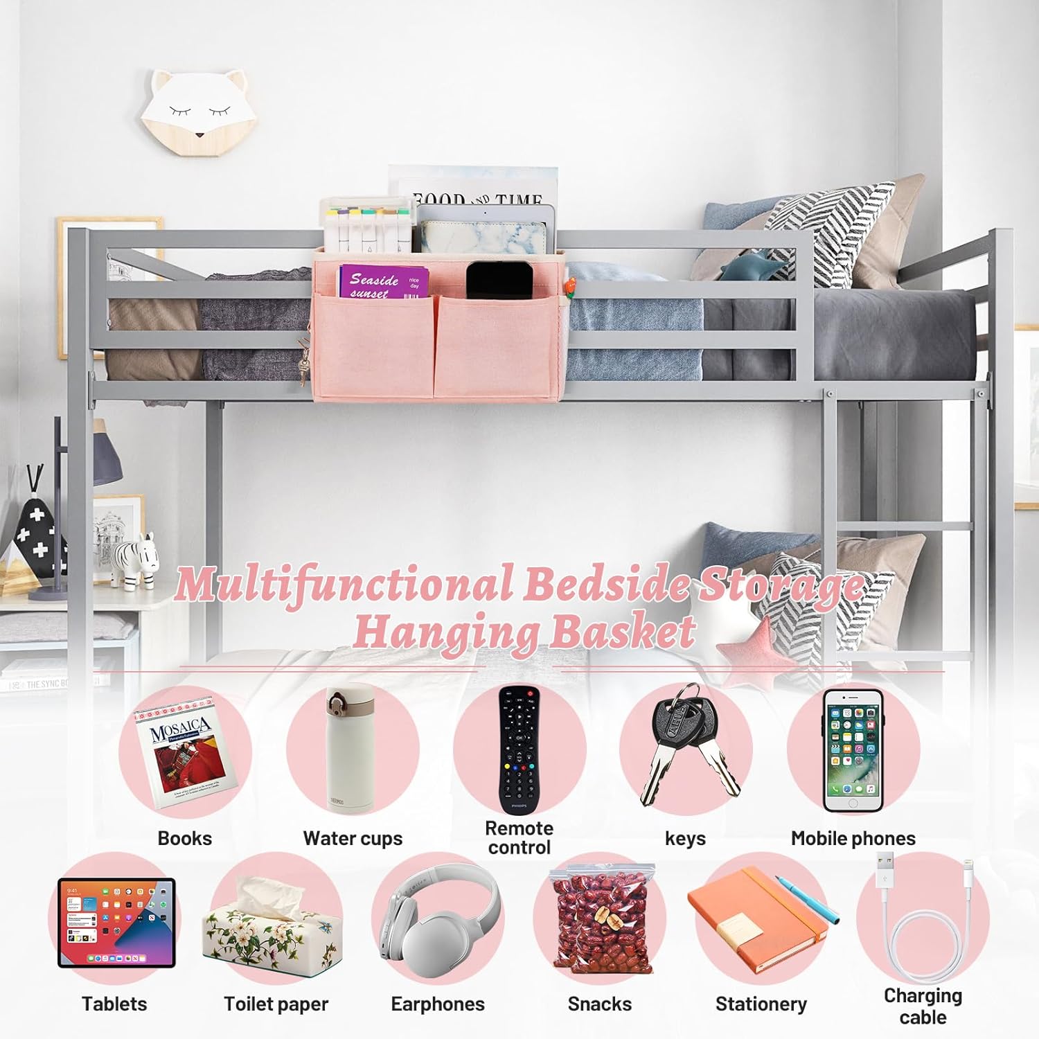 Bedside Caddy Hanging Storage with Water Bottle Holder for Bunk Bed Hospital Bed Dorm Rooms (Pink)