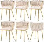 Velvet Dining Chairs Set of 6, Modern Upholstered Woven Dining Chairs with Gold Metal Legs, Modern Accent Chairs for Dining Room, Vanity, Kitchen, Living Room(Beige)