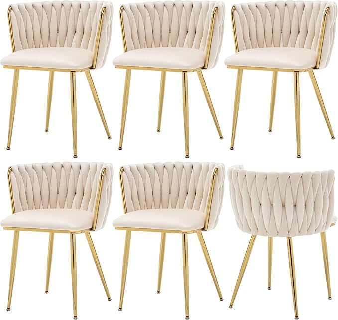 Velvet Dining Chairs Set of 6, Modern Upholstered Woven Dining Chairs with Gold Metal Legs, Modern Accent Chairs for Dining Room, Vanity, Kitchen, Living Room(Beige)