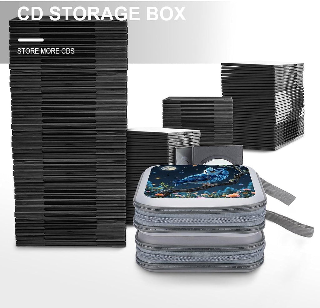 One Enchanted Night Owl CD DVD Case Holder, 40 Disc Storage Wallet with Exclusive Printed Design, Zipper Closure And Handle for Music Movies Games Travel Car