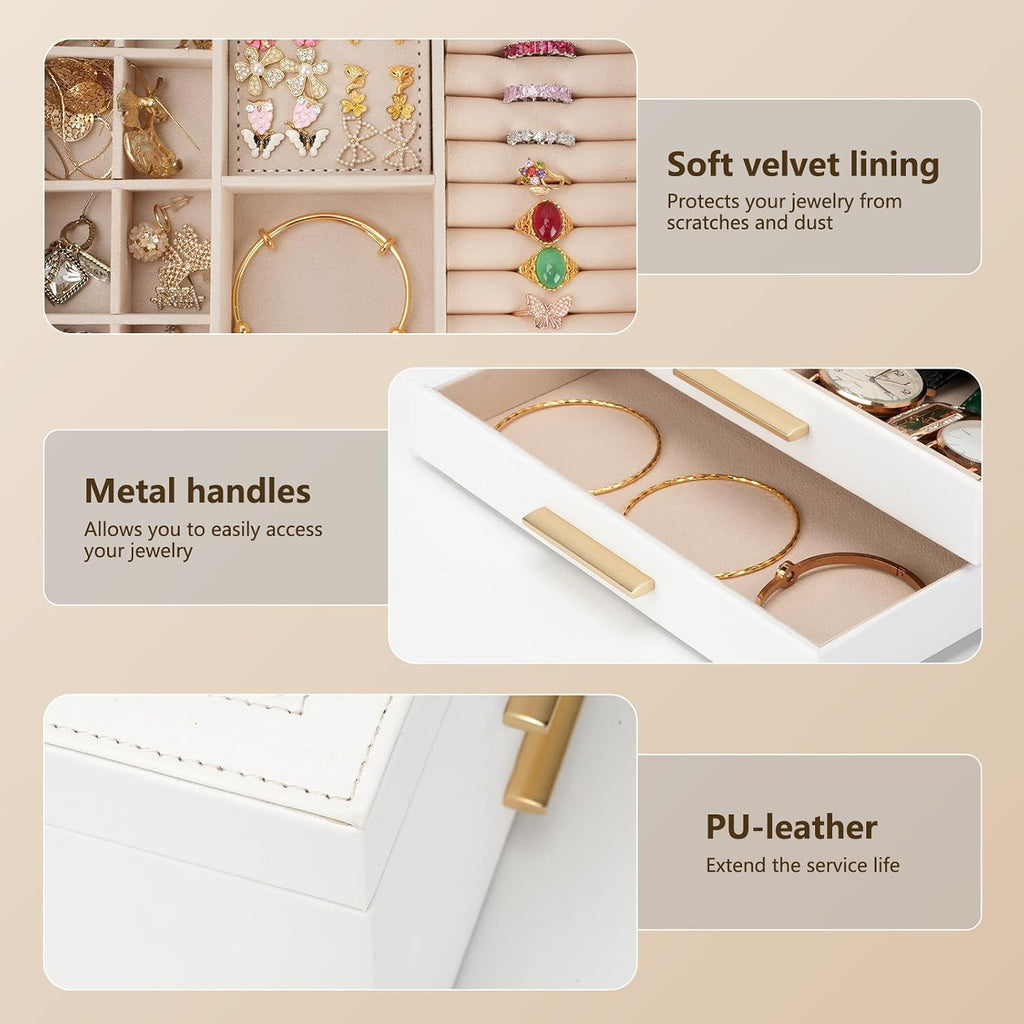 Jewelry Box for Women, 3-Layer Jewelry Box, Jewelry Organizer with Clear Glass Lid and Drawers, Jewelry Organizers and Storage for Necklaces, Rings, Earrings, Bracelets(White)