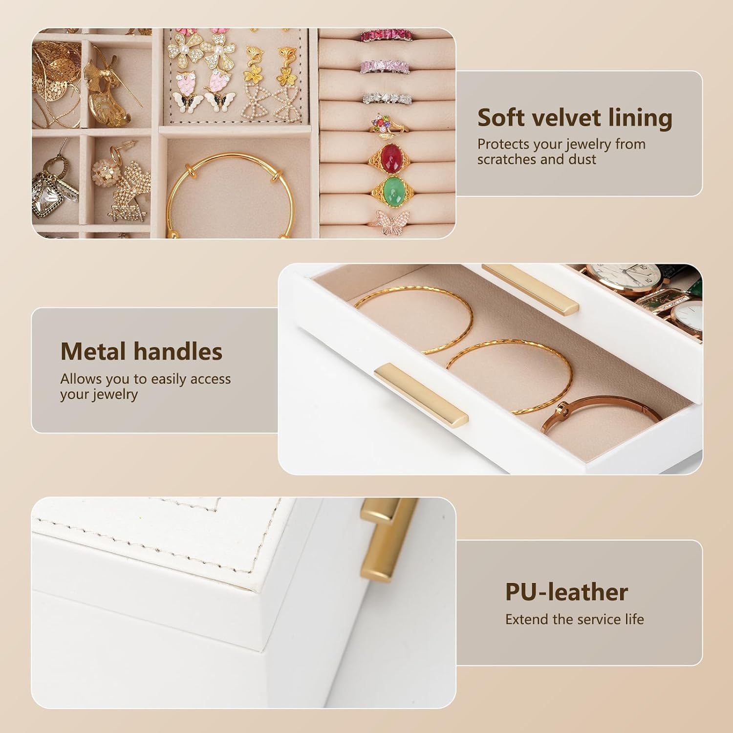 Jewelry Box for Women, 3-Layer Jewelry Box, Jewelry Organizer with Clear Glass Lid and Drawers, Jewelry Organizers and Storage for Necklaces, Rings, Earrings, Bracelets(White)