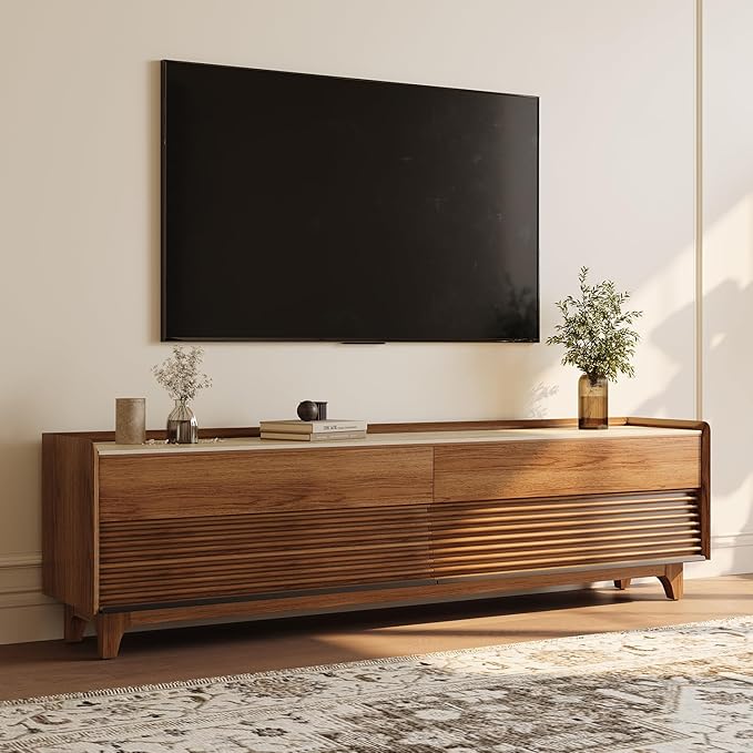 POVISON Fully-Assembled Mid Century Matte Sintered Stone TV Stand with Legs, 78.74" Wood Media Console with Adjustable LED Light, Entertainment Center with Storage for Living Room