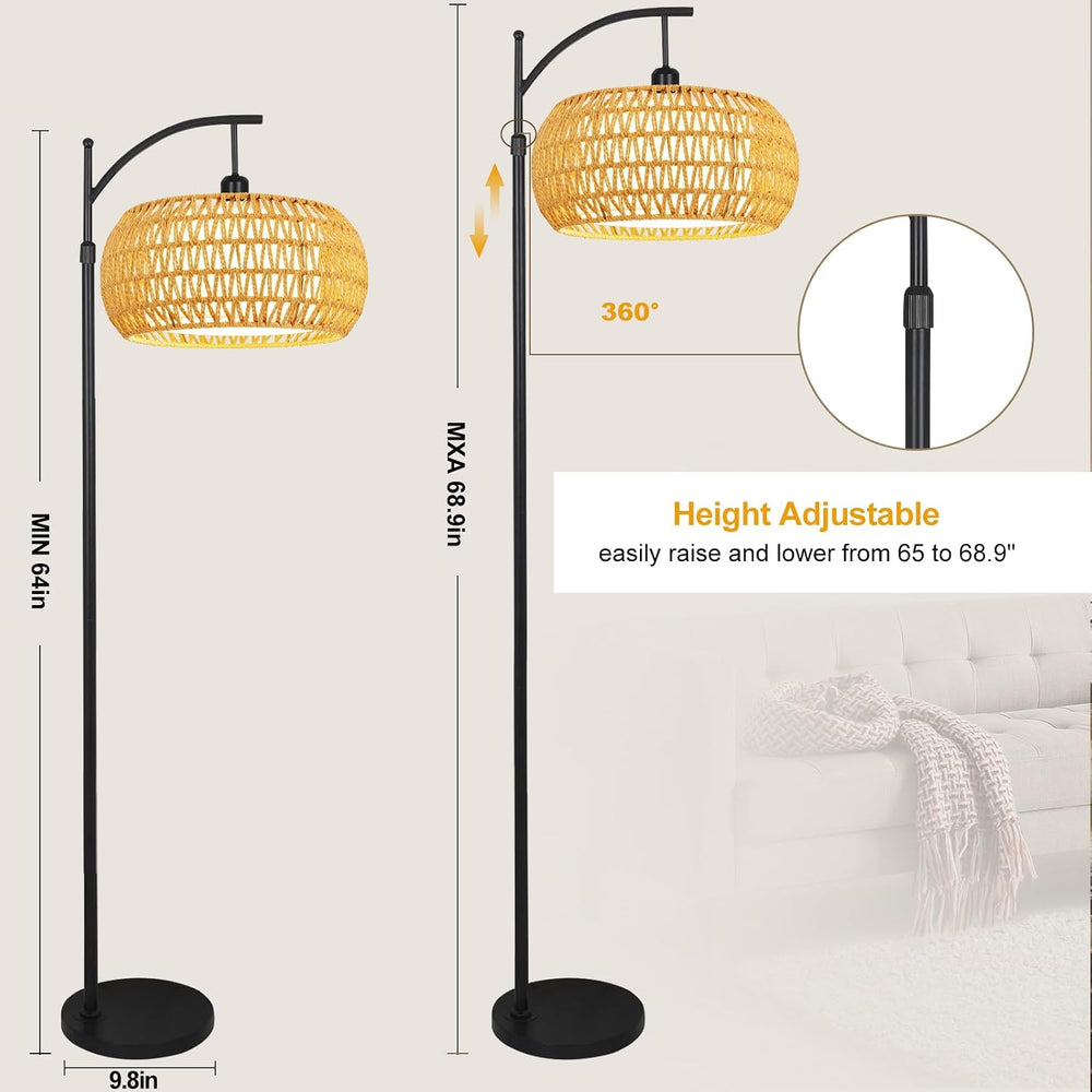 Arc Floor Lamps for Living Room Rattan Boho Floor Lamp with Remote Control,Di...