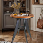 Round Cafe Table - 23.62" Pine Wood Top, Metal Frame, 28.15" High, Modern Industrial Dining Table for Kitchen, Home Office, Bistro, Compact for Space Saving, Black Base Brown Top