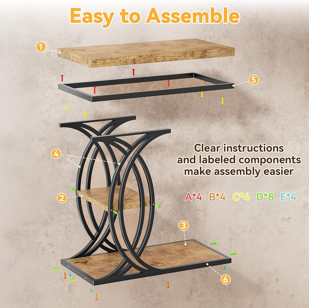 C Shaped End Table, Bed Side Table, 3-Tier Side Table with Metal Frame, Wood ...