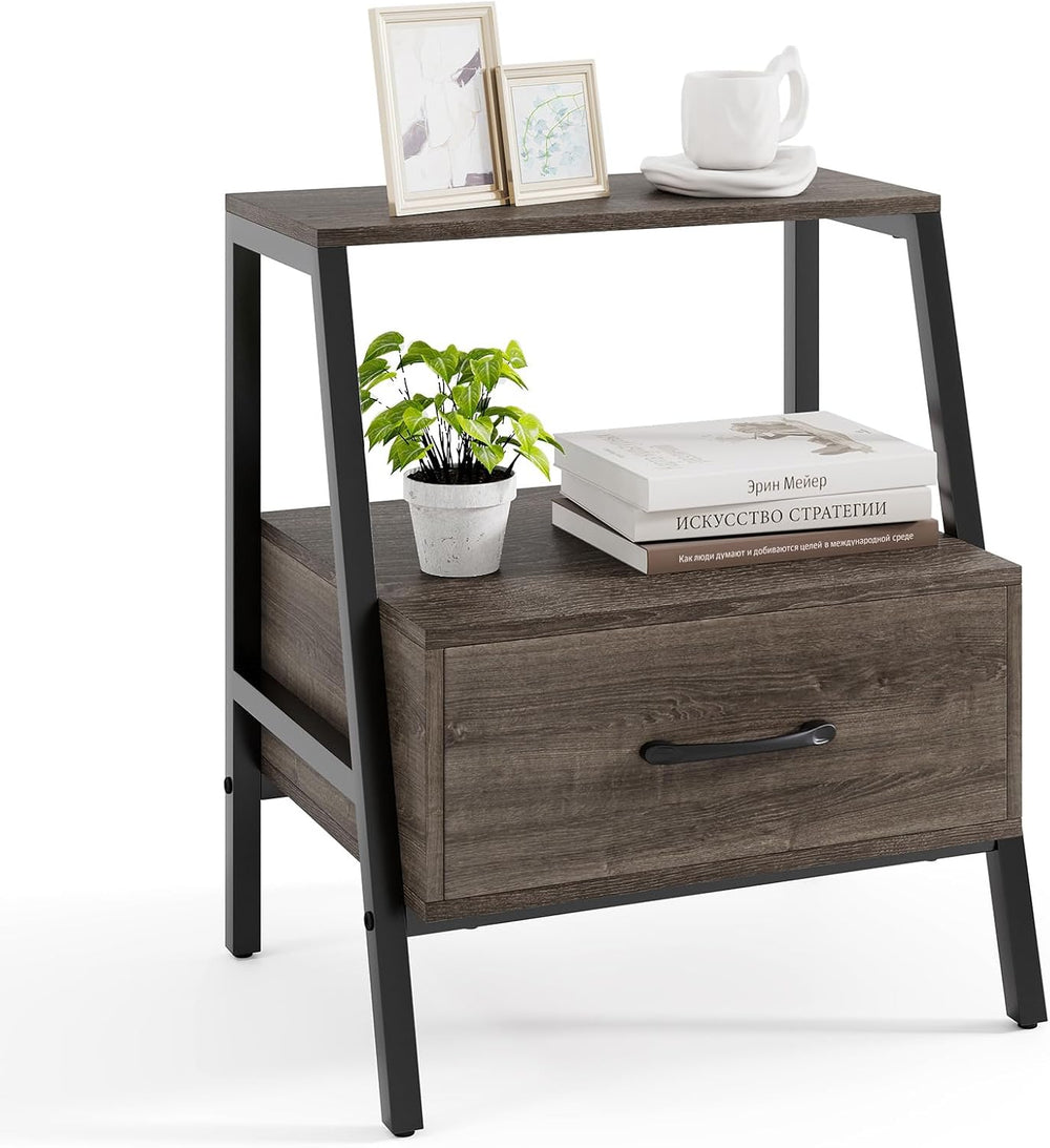 Giantex Farmhouse Nightstand with Drawer and Open Shelf, 2-Tier Bedside Table...