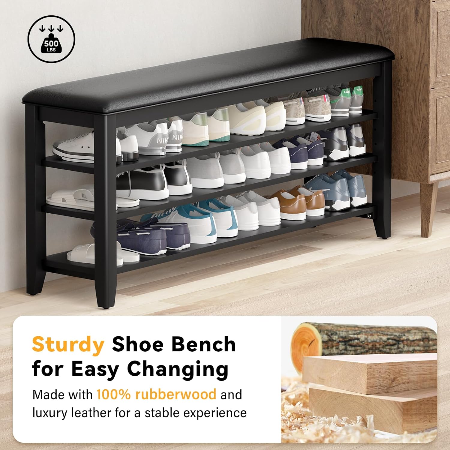 Taitiy Shoe Bench with 3 Tier Adjustable Shelves Rubberwood Entryway 47.2'' | Hallway organizer, solid wood design, removable shelves, space saving storage, perfect for front doors, family spaces