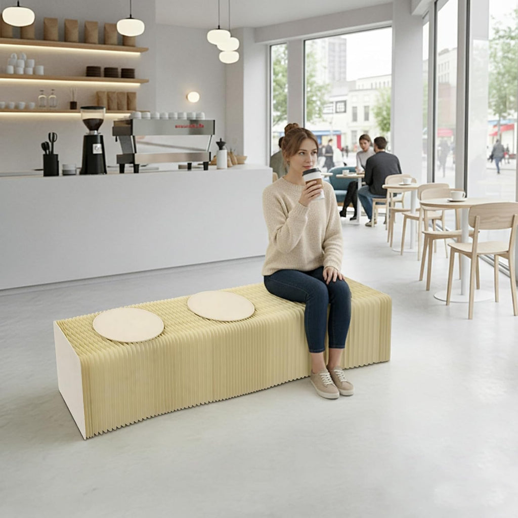 4.92ft Expanded Length Folding Craft Bench, Floor Standing Accordion Kraft Paper Bench with 3 Cushions, Foldable Craft Stool for Homes, Hotels, Restaurants, Clubs(14.17 * 15.75in Folded)