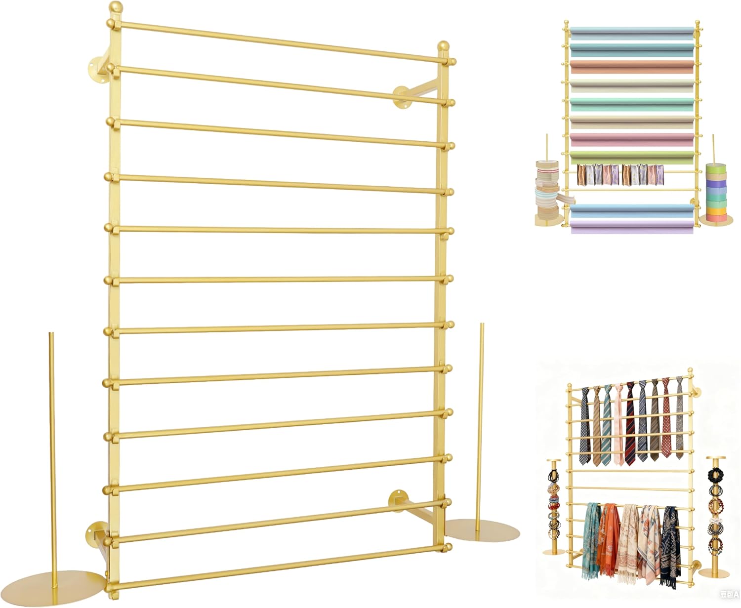 12 Layers Gold Wall Display Stand Wrapping Paper Ribbon Organizer Tie Scarf Rack Belt Towel Holder Spool Hijab Stand Metal Shelving for Home, Retail Stores, Flower Shop, Studio, Sewing-80cm
