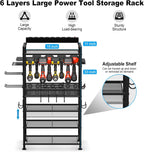 JUNNUJ Power Tool Organizer Floor Stand with Charging Station, Garage Adjustable Storage Rack Utility Tool Shelf with 8 Outlet 10 FT Power Strip, Heavy Duty Drill and Battery Holder