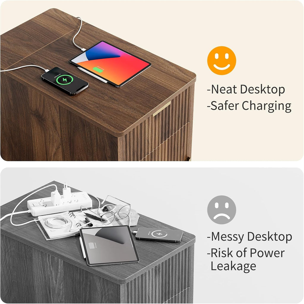 Yoobure End Table with Charging Station - Narrow Side Table for Living Room, Fluted Night Stand with Drawer and Storage Cabinet, Wood Nightstand with Adjustable Shelf for Bedroom Small Spaces, Walnut