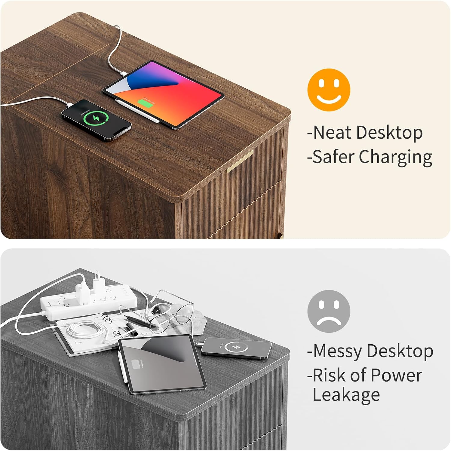 Yoobure End Table with Charging Station - Narrow Side Table for Living Room, Fluted Night Stand with Drawer and Storage Cabinet, Wood Nightstand with Adjustable Shelf for Bedroom Small Spaces, Walnut