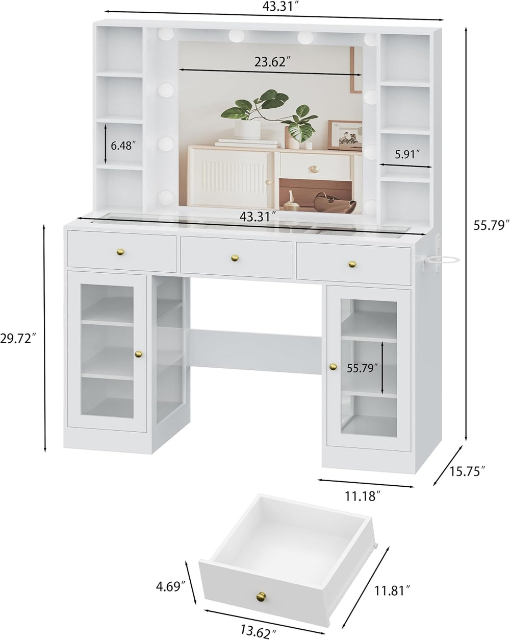 HUANLEGO White Vanity Desk with Mirror and Lights, Glass Top Vanity with Ligh...
