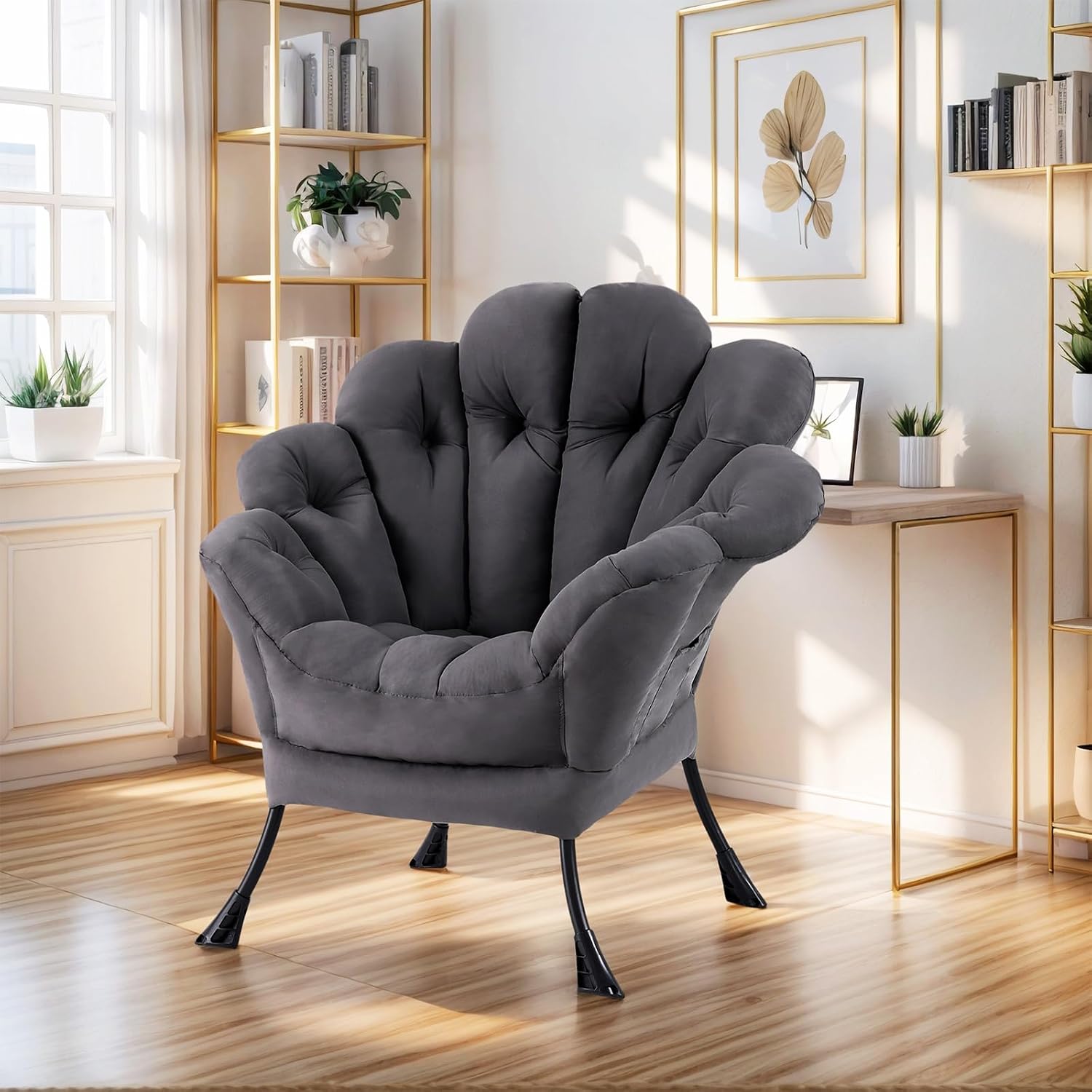 Lazy Chair for Living Room, Modern Floral Reading Chair, Dark Grey Accent Chairs, Comfortable Oversized Armchairs for Bedroom, Courtyard