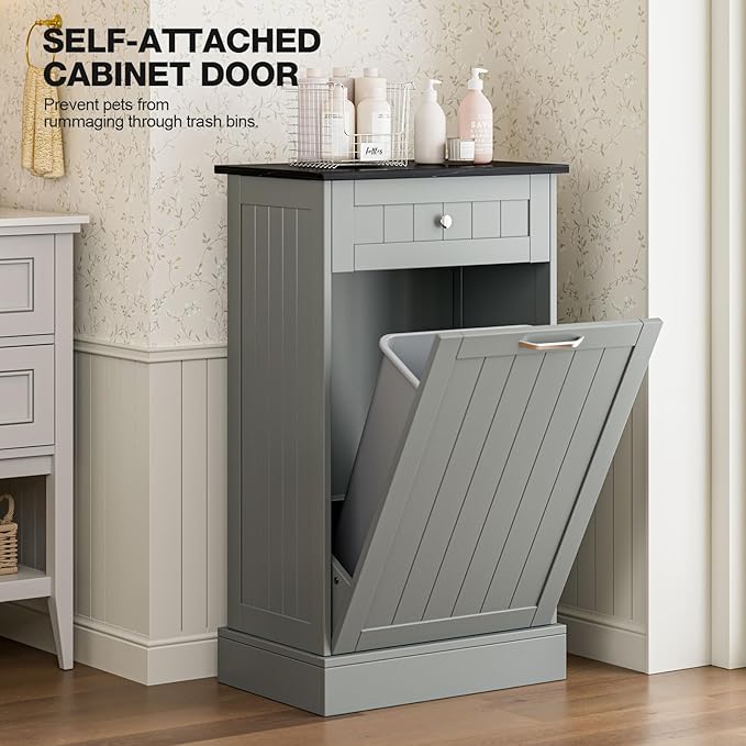 GAZHOME 10 Gallon Tilt Out Trash Cabinet, Upgrade Wooden Free Standing Recyclin Trash Cabinet with Hideaway Drawer(Gray)