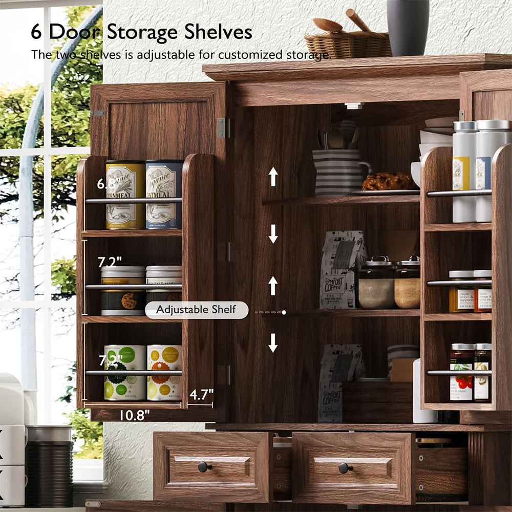 71" Tall Kitchen Pantry Cabinet, Freestanding Cupboard with 3 Pull Out C...