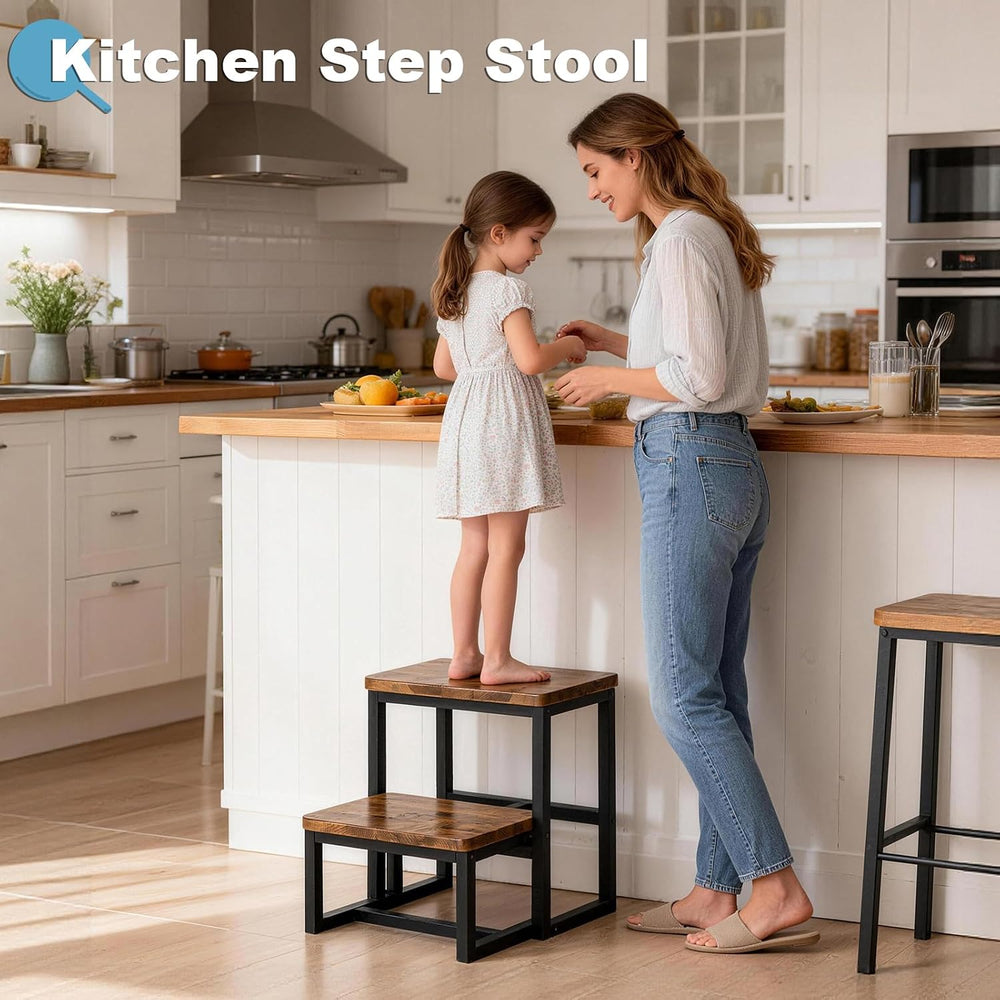 2 Step Stool for Adults Wooden Step Stool with 500 Lbs, Rustic Brown | Kitche...
