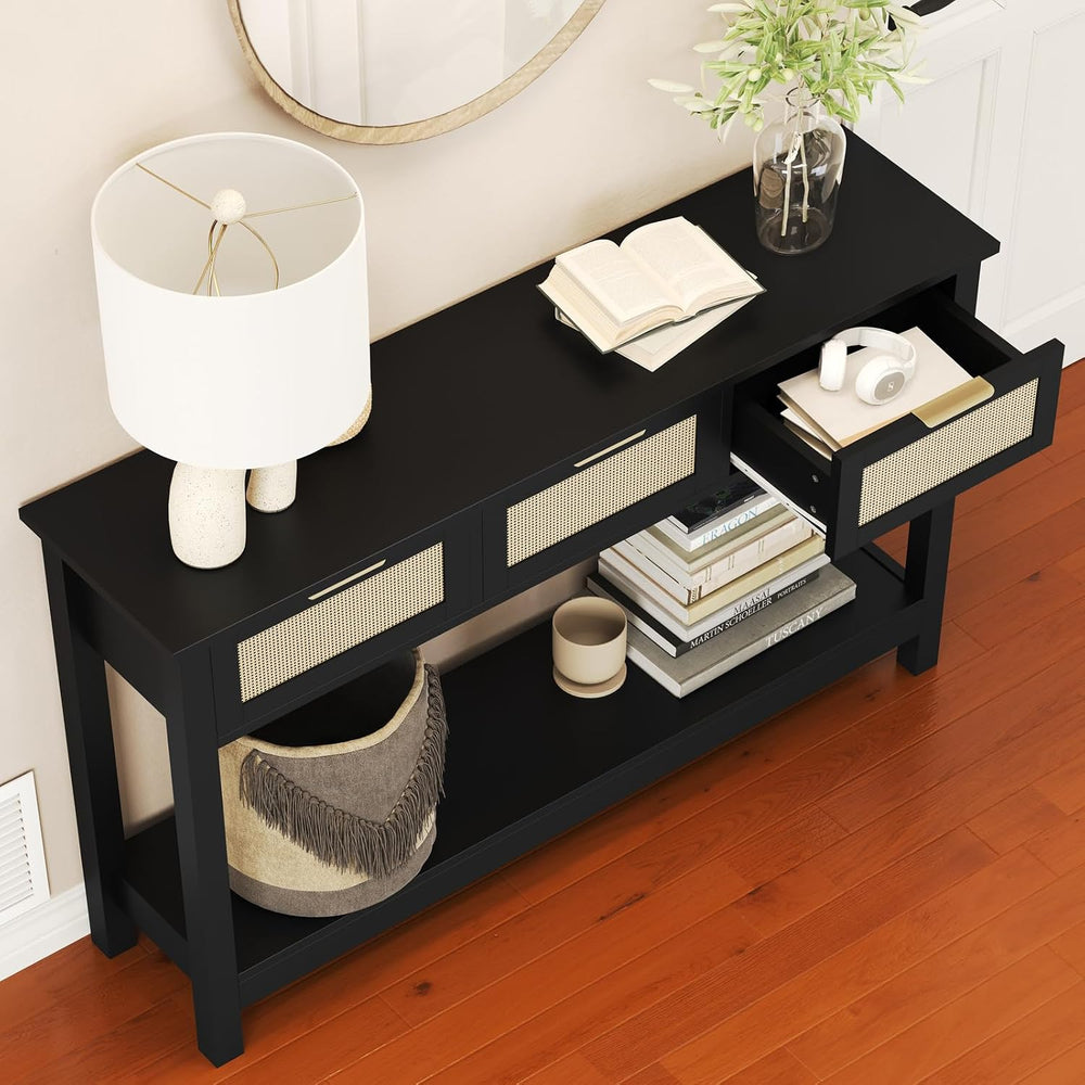 Luoxiao Rattan Console Table 3-Drawer 47" Narrow Black Entryway Sofa Tab...