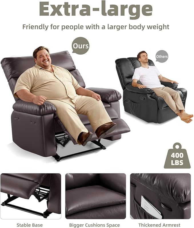 GarveeHome Oversized Recliner Chair - PU Leather Manual Recliner for Adults, Lazy Chair with 1.5X Sponge Comfort Arm and Back for Living Room, Bedroom