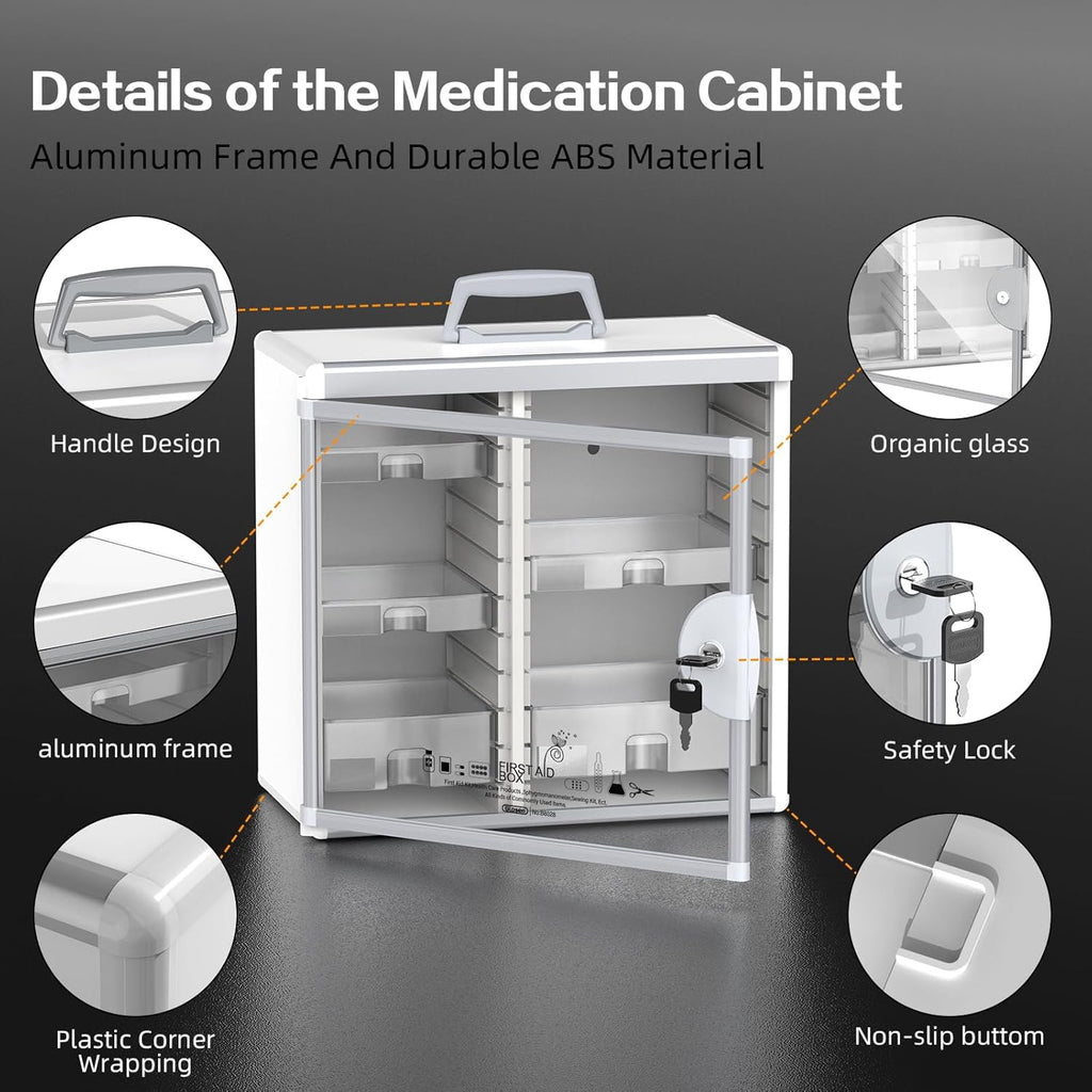 Glosen Medicine Cabinet Locking Medicine Cabinet Wall Mounted【 Silver 13.6 x 13.4 x 6.5 Inch 】 Portable Storage Container Big Capacity
