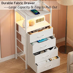 Furnulem White Nightstand with Charging Station, Night Stand Side Table with Led Light, Tall Dresser for Bedroom with 4 Fabric Storage Drawers, Metal Frame, Wood Shelf(White)