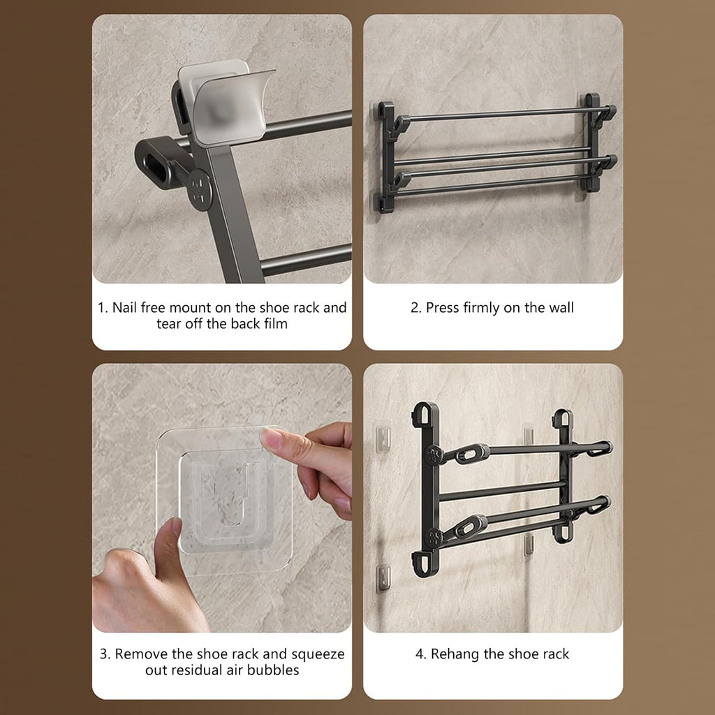Wall Mounted Folding Shoe Rack 2 Tiers Space Saving Designs for Bathroom and Entryway Without Drilling Required