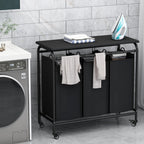 LINZINAR 3 Bag Laundry Basket Sorter Heavy Duty Rolling Lockable Wheels Laundry Hamper Cart with Ironing Board and Removable Bags, Black