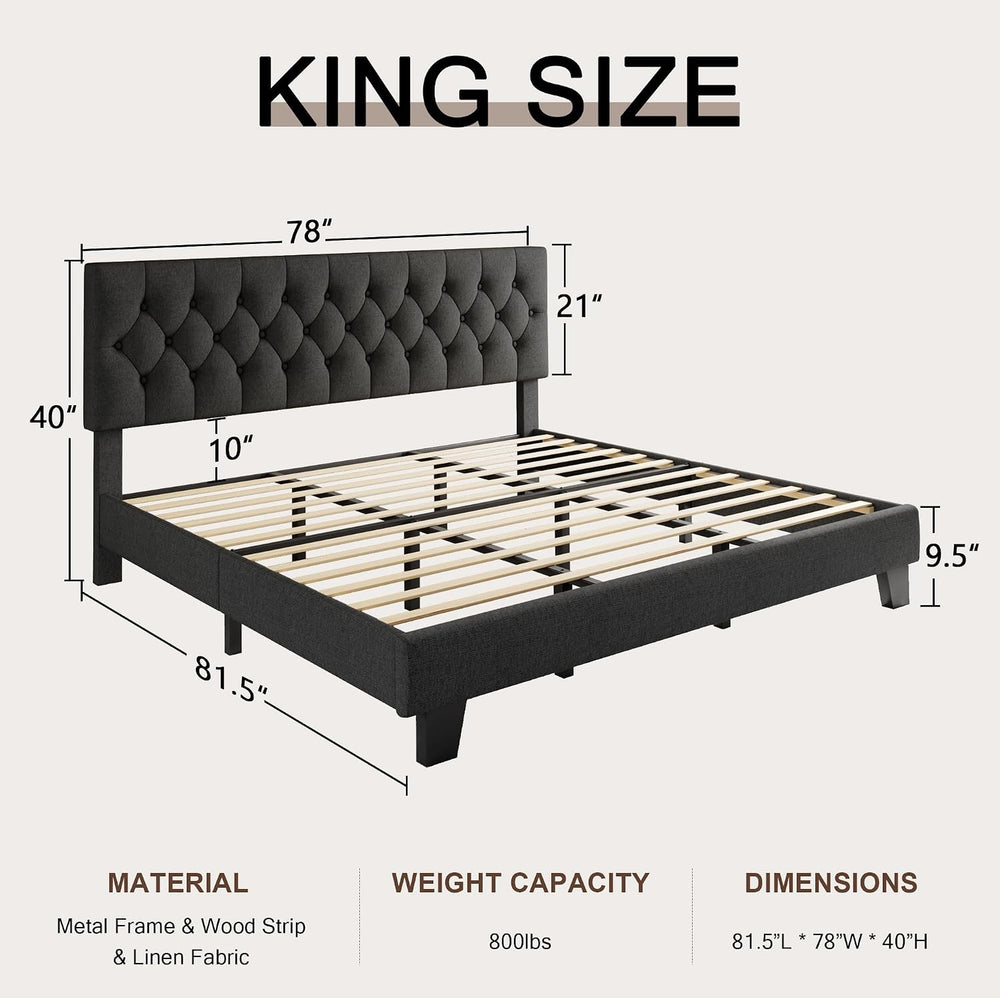 Einhomn King Size Upholstered Bed Frame with Headboard, Tufted Button Linen B...