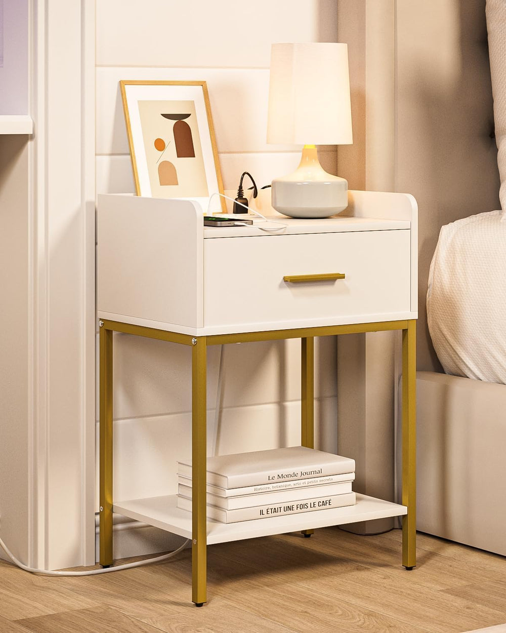 Aienvey Nightstand with Charging Station,Bedside Table with Drawer and 2 Shel...
