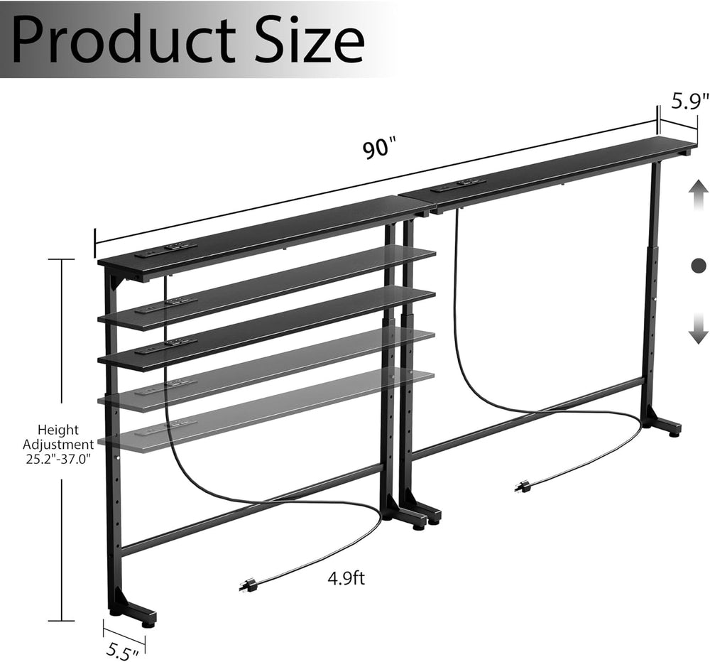 Keelian 90 inch Behind Couch Table with Outlets Adjustable Sofa Table Black