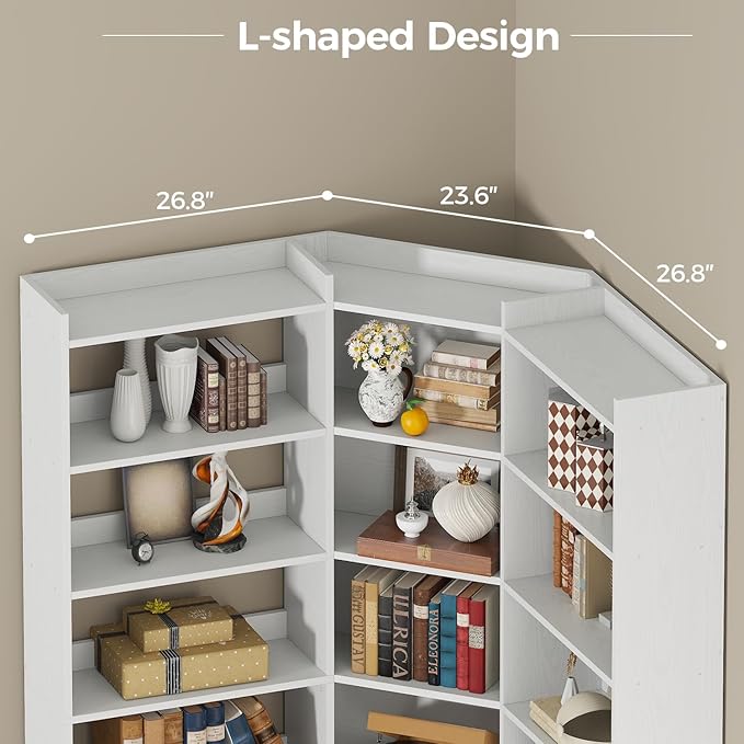 IRONCK Corner Bookshelf, 7-Tier Bookshelf with Storage, Corner Bookcases with Baffles Etagere Shelf for Living Room Home Office Bedroom, White
