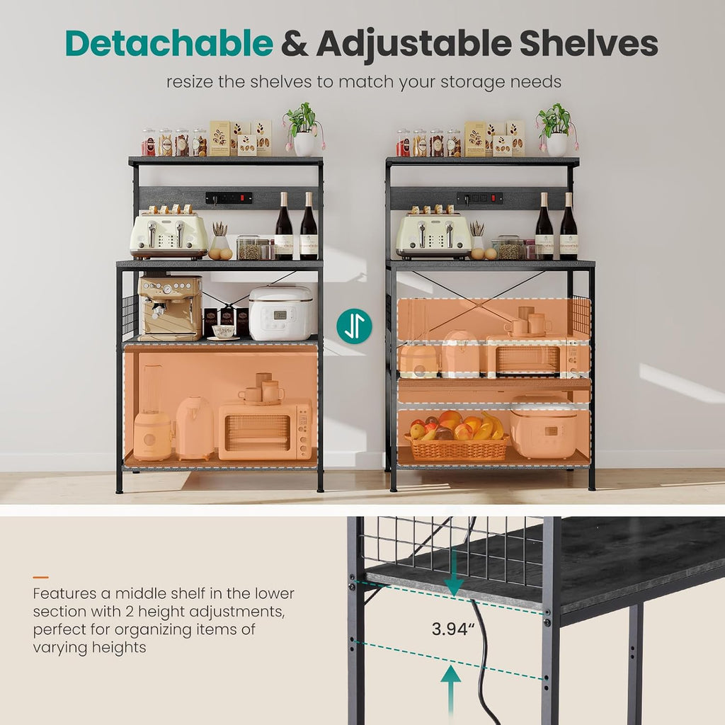 OLIXIS Standing Bakers Rack with Power Outlet, 23.6 Inch Microwave Stand | Kitchen Storage Rack, 3 Adjustable Shelves, Coffee Bar Organizer, Small Appliances, Space Saver, Grey