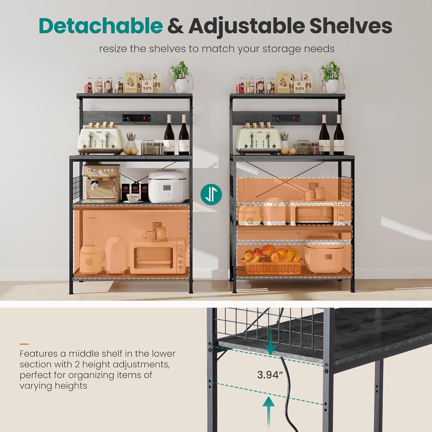 OLIXIS Standing Bakers Rack with Power Outlet, 23.6 Inch Microwave Stand | Kitchen Storage Rack, 3 Adjustable Shelves, Coffee Bar Organizer, Small Appliances, Space Saver, Grey