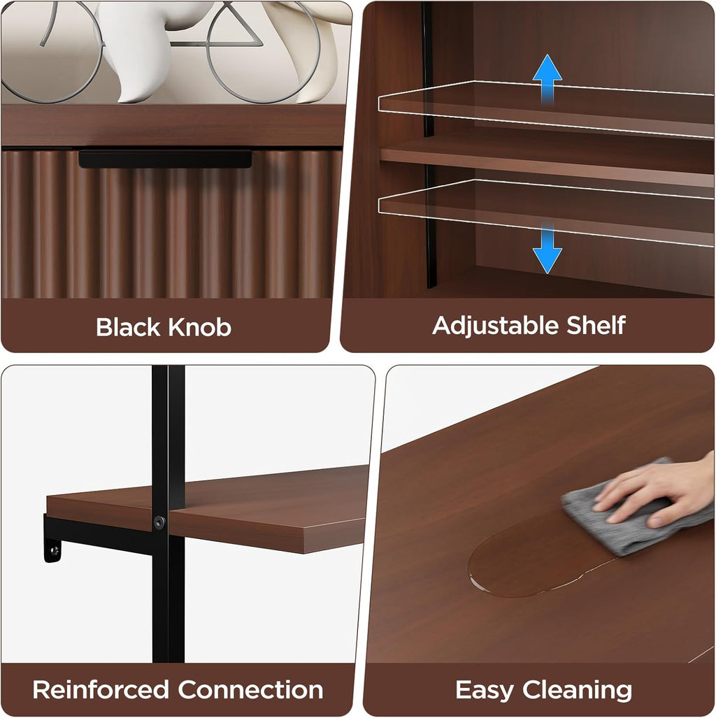 Halitaa Set of 2 Walnut & Black Ladder Shelf with Storage Cabinet, Modern Ladder Bookshelf with Doors, Wall Mount Bookcase with Metal Frame, Display Shelves for Living/Bed/Bathroom, Home Office