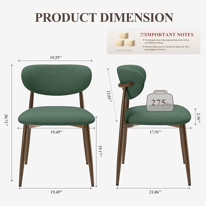 Dining Chairs Set of 6, Upholstered Dining Room Chairs with Metal Legs and Anti Slip Pads, Curved Back Kitchen Chair for Home and Restaurant Use, Green