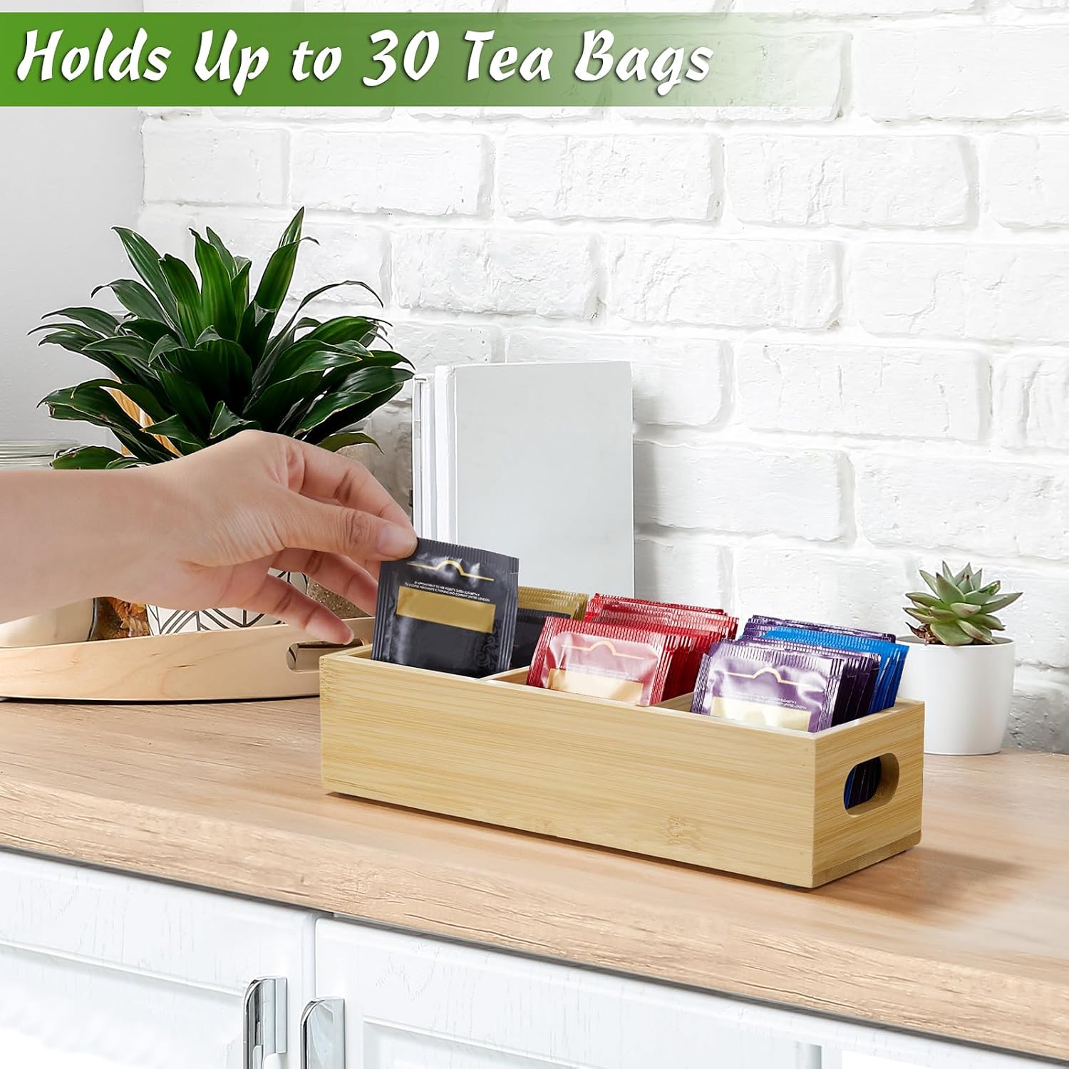Tea Bag Organizer, Bamboo Tea Bag Holder, Tea Storage Containers 3 Slots | Tea bag holder