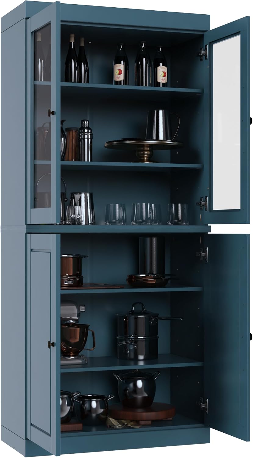 Palace Imports 100% Solid Wood Kitchen Pantry w/ 2 Glass & 2 Wood Doors, ...