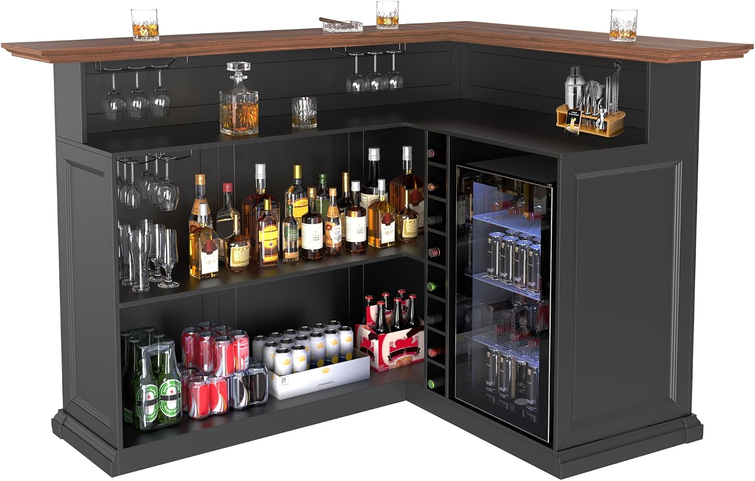 GDLF L-Shaped Home Bar Cabinet with Fridge Space, Oversized Basement Bar | Basement & Man Cave Bar, Seats 5+ Guests, Premium Wood-Grain Finish, Sculpted Edge Details, Fridge Space & Wine Storage