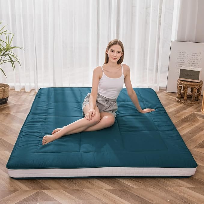 MAXYOYO Futon Mattress, Padded Japanese Floor Mattress Quilted Bed Mattress Topper, Extra Thick Folding Sleeping Pad Breathable Floor Lounger Guest Bed for Camping Couch, Bluestone, Full Size