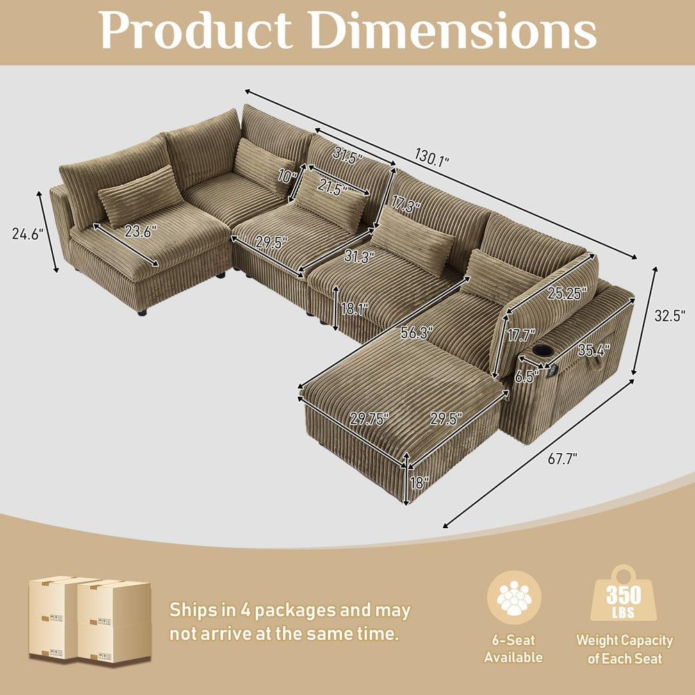 130" Oversized Cloud Couch Large Modular Sectional Sofa Modern U Shaped ...