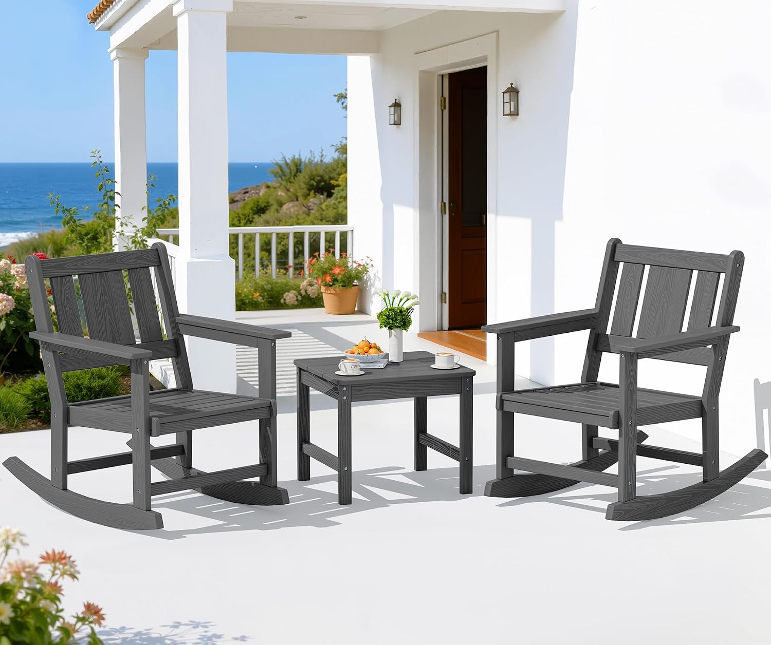 SERWALL 3-Piece Patio Furniture Set with 2 Rocking Chairs & Table, Grey | All-Weather HDPE Bistro Set: Includes rocking chairs and table with umbrella hole for cozy outdoor leisure and relaxation.