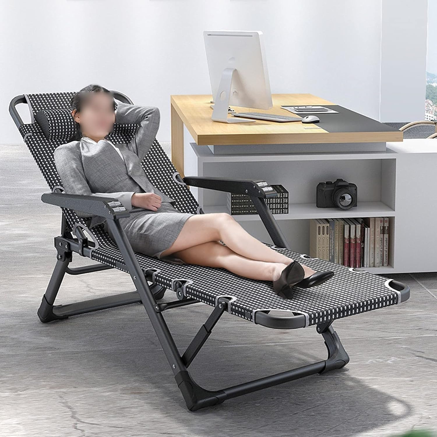 Pink Massage Recliner Folding Balcony Lounge Deck Chair, Multi-Position Adjustable Sun Lounger(Gray Purple Cushion)